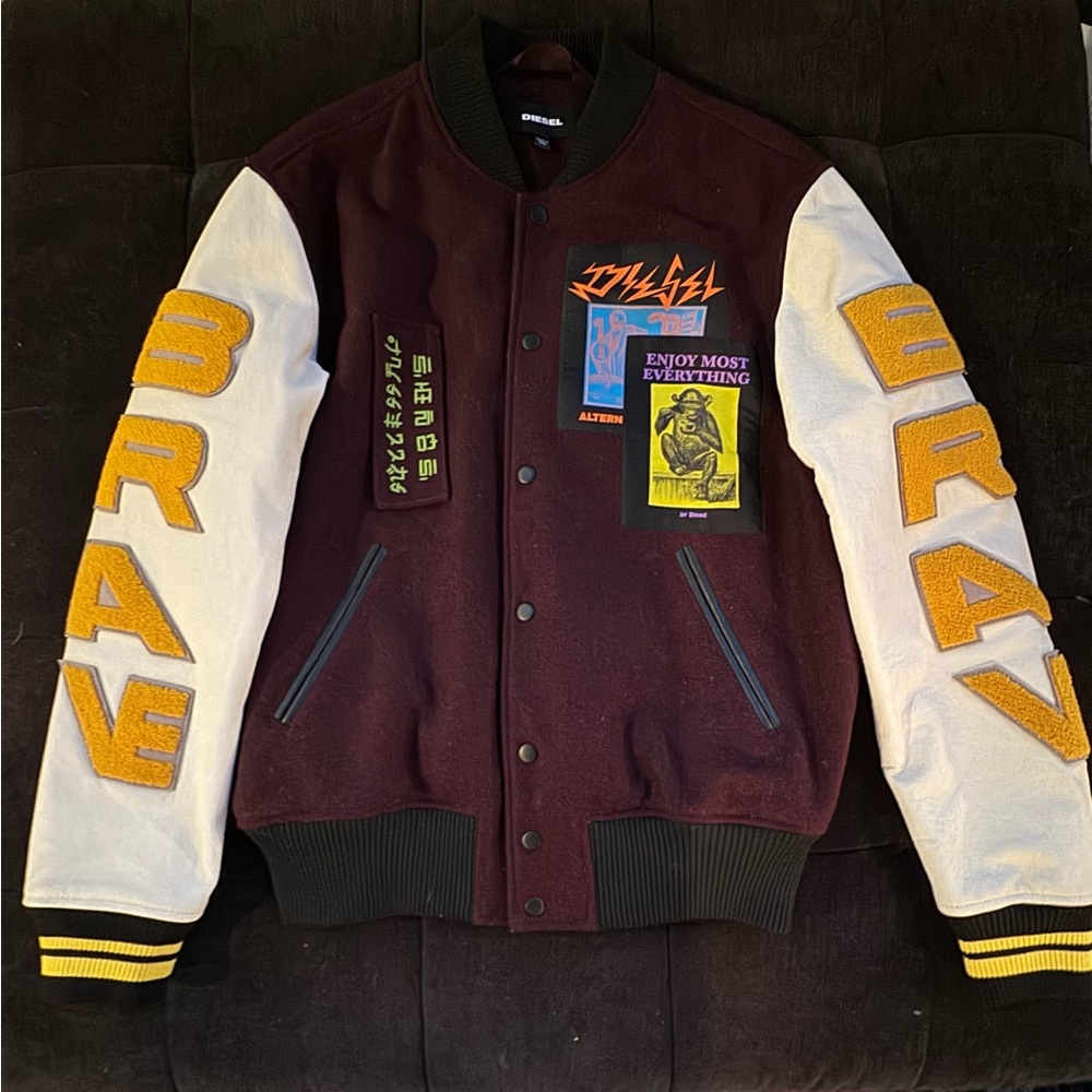 DIESEL HARRYZ ENJOY MOST OF EVERYTHING VARSITY BOMBER JACKET WOOL LEATHER MENS L